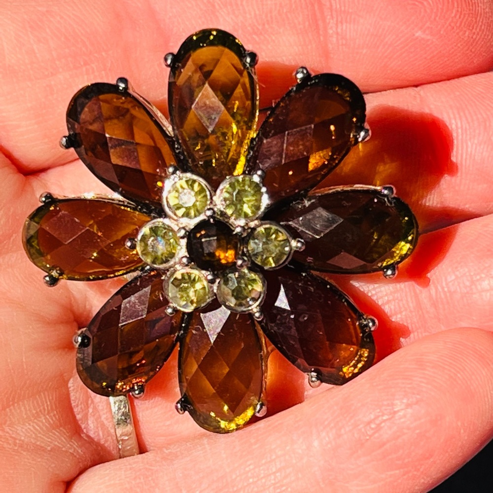 LARGE Vintage Faceted Prong-Set Smoky Topaz And Green Rhinestone Floral Brooch